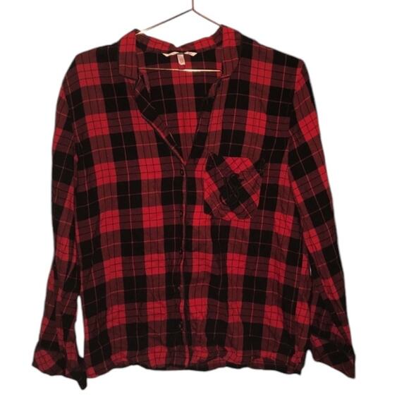 Victoria Secret Small Pajama Top Red Black Plaid Embroidered Chest Pocket - Picture 1 of 7